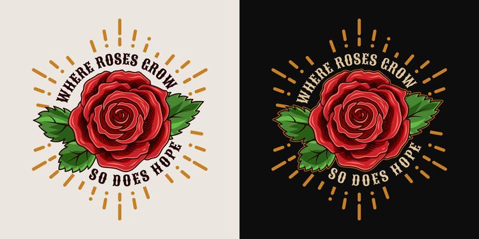 Label With Vintage Red Rose Leaves Radial Rays Quote